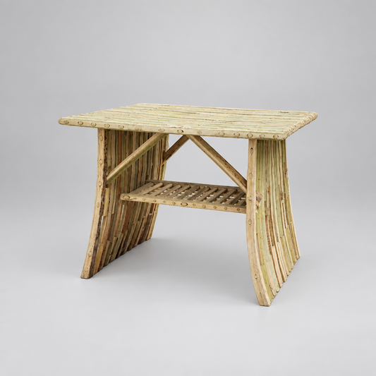Al-Nakhaal palm midrib side table with lower shelf on a plain white background | Khoos