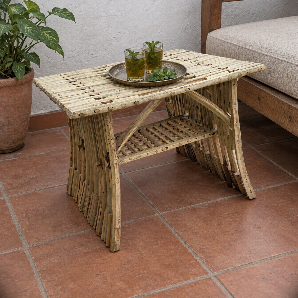 Palm midrib side table on a balcony with mint tea on a tray, next to a cushioned bench | Khoos