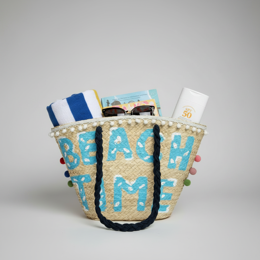 Palm leaf Beach Time tote packed with a rolled beach towel, book, sunglasses and sunscreen, showing how much it holds — Khoos