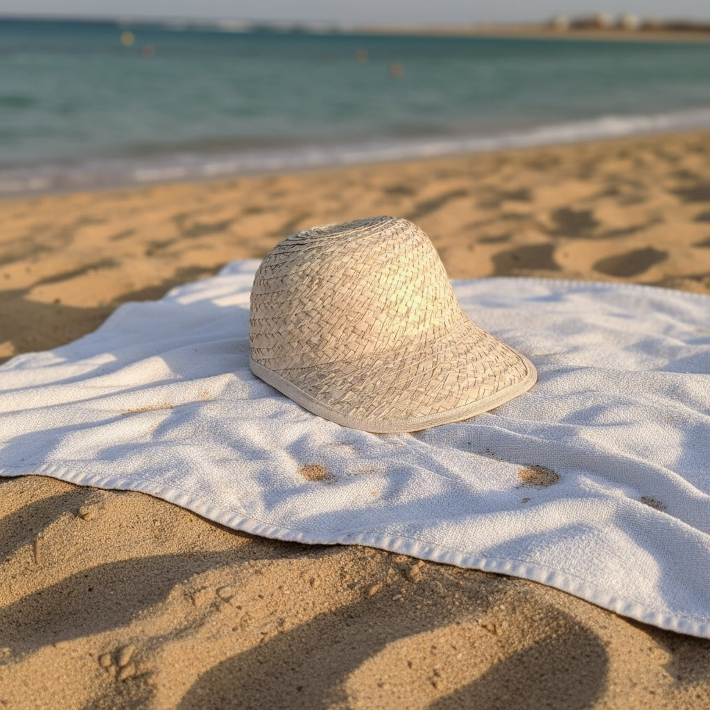 PALMERA handwoven palm leaves hat worn by a woman in modern hijab at a sandy Sahel beach, turquoise sea behind — Khoos