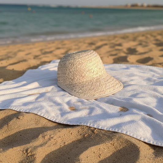 PALMERA handwoven palm leaves hat worn by a woman in modern hijab at a sandy Sahel beach, turquoise sea behind — Khoos