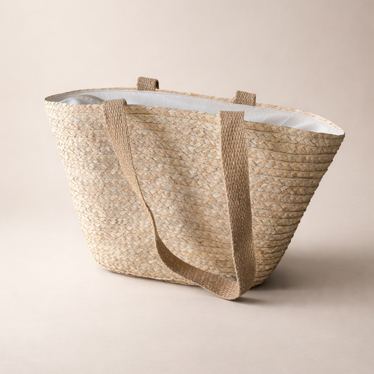 Plain beach bag handwoven from natural palm with woven shoulder handles and a white cotton lining, 45 cm — Khoos