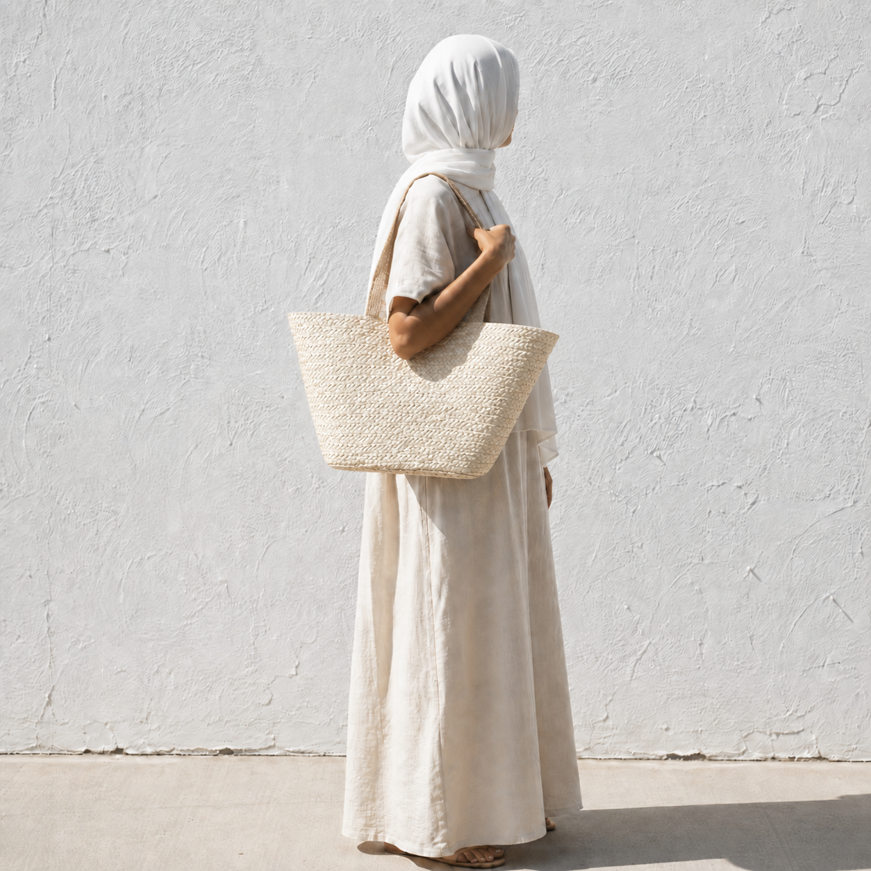 A woman in a white headscarf, beige tunic, and long skirt stands in profile against a textured white wall, carrying a large woven straw tote bag.