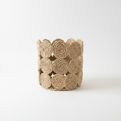 Handwoven seagrass rope-rosette basket on a clean studio background, 30 cm — Khoos
