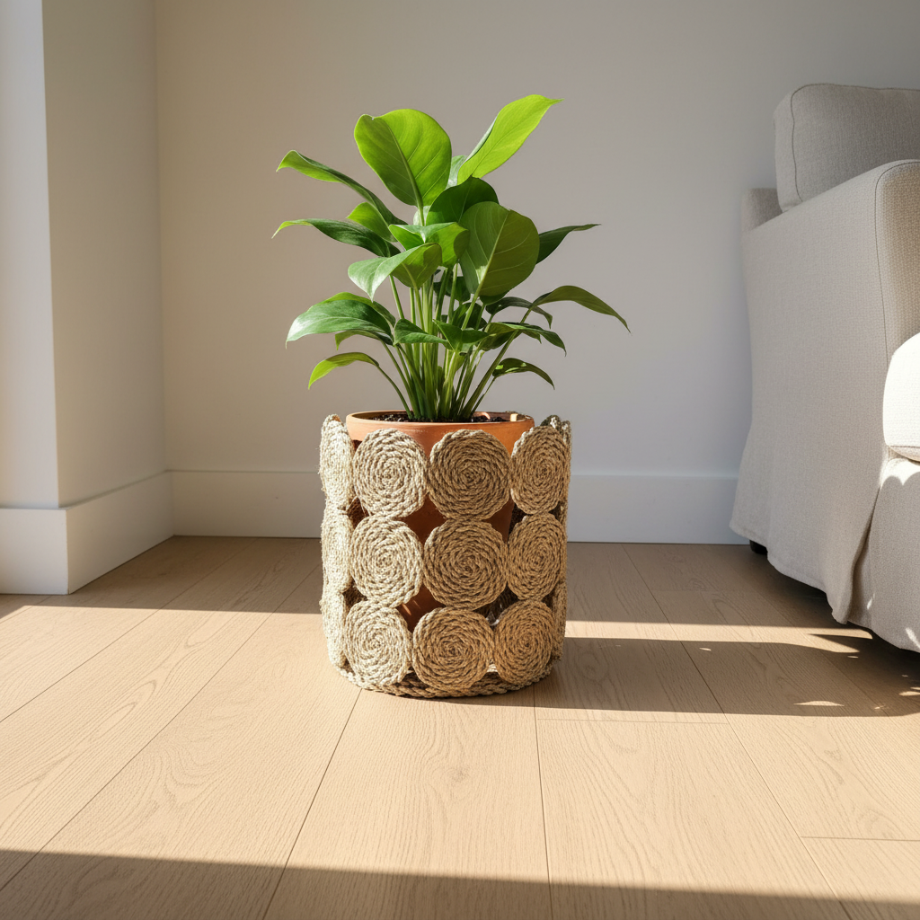 Seagrass rope-rosette basket used as a plant pot cover on a pale oak floor in a sunlit living room — Khoos