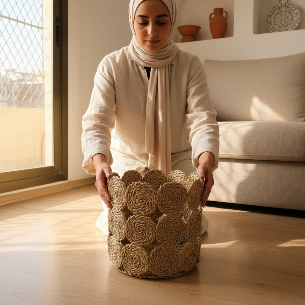 Woman placing the seagrass rope-rosette basket on the floor beside a sofa in a sunlit Egyptian home, showing its 30 cm scale — Khoos