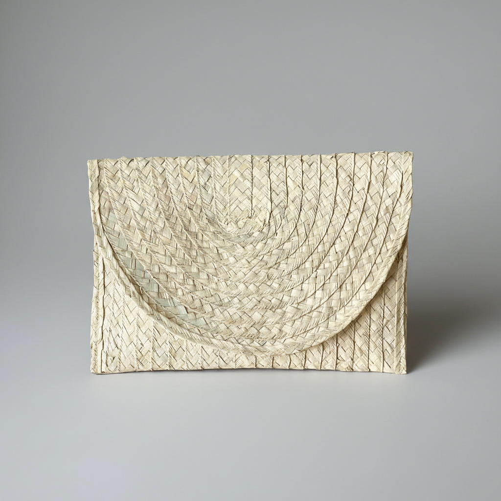 Sana handwoven palm leaf envelope clutch in natural cream, shown alone on a grey studio backdrop — Khoos