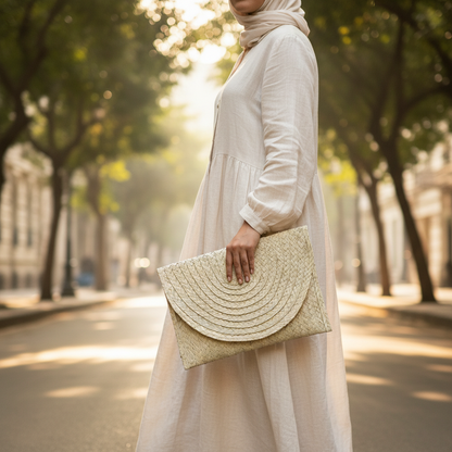 Woman in a cream linen dress and hijab carrying the Sana clutch on a tree-lined Zamalek street in Cairo — Khoos