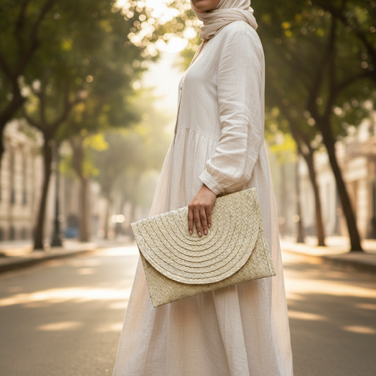 Woman in a cream linen dress and hijab carrying the Sana clutch on a tree-lined Zamalek street in Cairo — Khoos