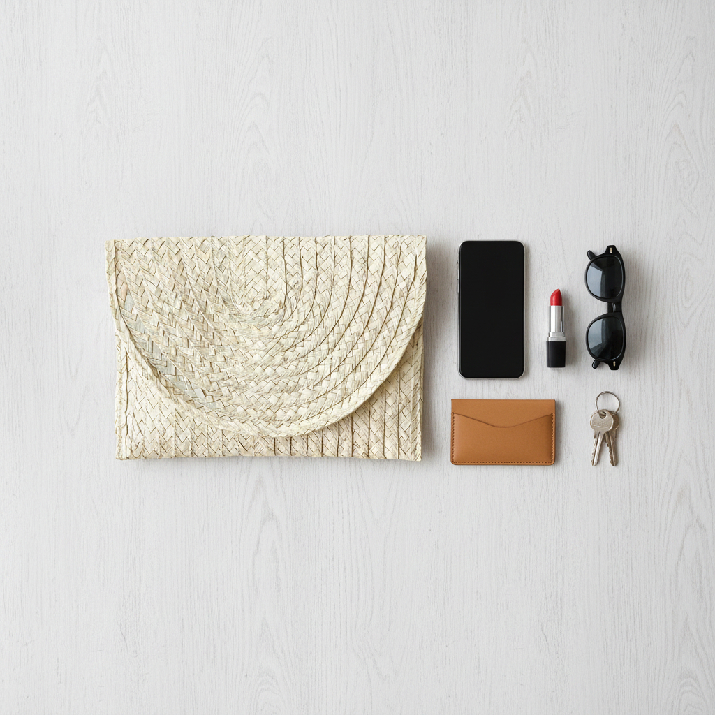 Sana clutch laid flat beside a phone, card wallet, lipstick, sunglasses and keys, showing what it holds — Khoos