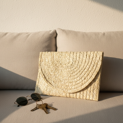 Sana clutch propped on a linen sofa in a sunlit Cairo apartment with sunglasses and keys beside it — Khoos
