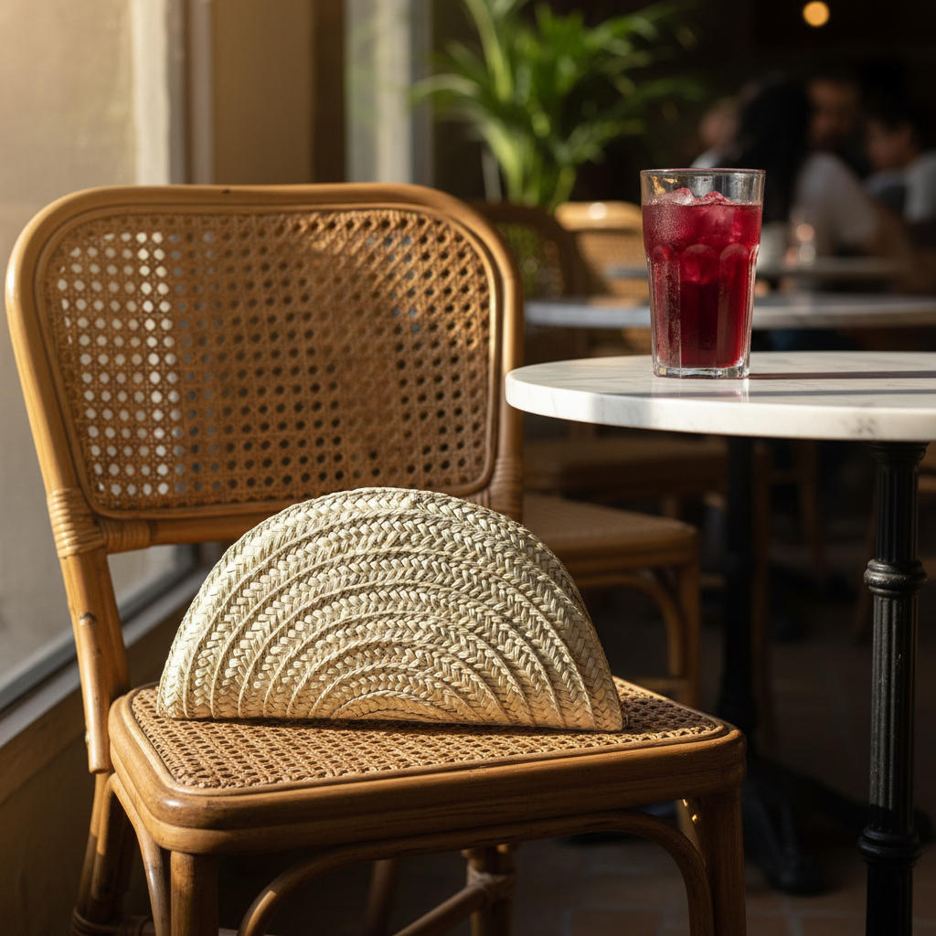 Seashell half moon clutch resting on a rattan cafe chair beside a glass of iced karkadeh — Khoos