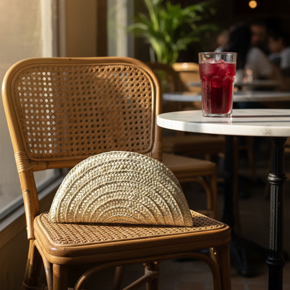Seashell half moon clutch resting on a rattan cafe chair beside a glass of iced karkadeh — Khoos