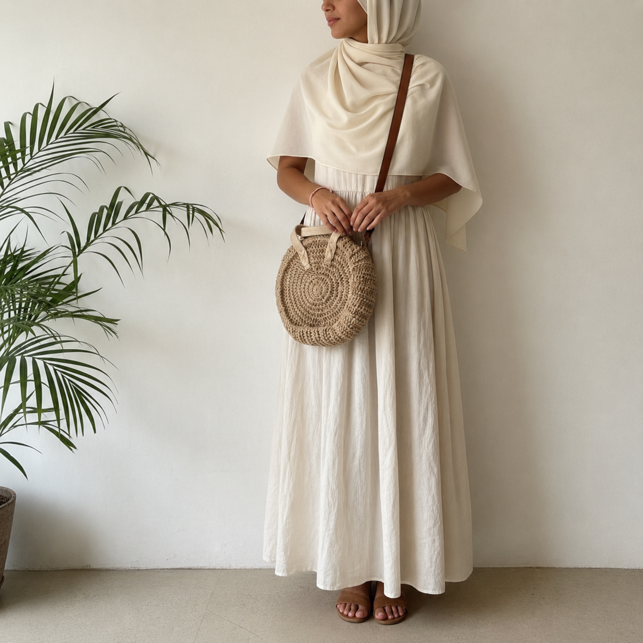 A woman wearing a cream-colored maxi dress and matching hijab stands against a white wall, holding a round woven straw shoulder bag with a brown strap.