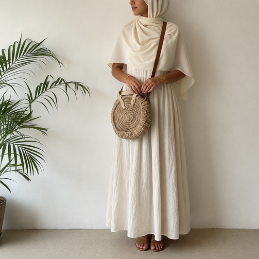 A woman wearing a cream-colored maxi dress and matching hijab stands against a white wall, holding a round woven straw shoulder bag with a brown strap.