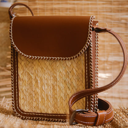 Leather x palm leaves cross bag