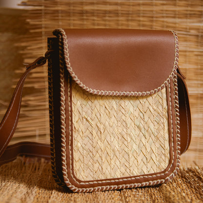 Leather x palm leaves cross bag