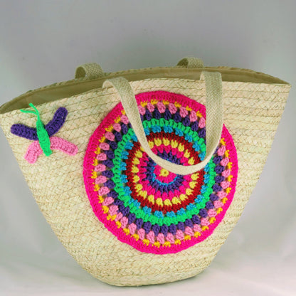 Palm leaf beach tote with a multicoloured crochet sunburst and cotton handles, Colorful variant — Khoos